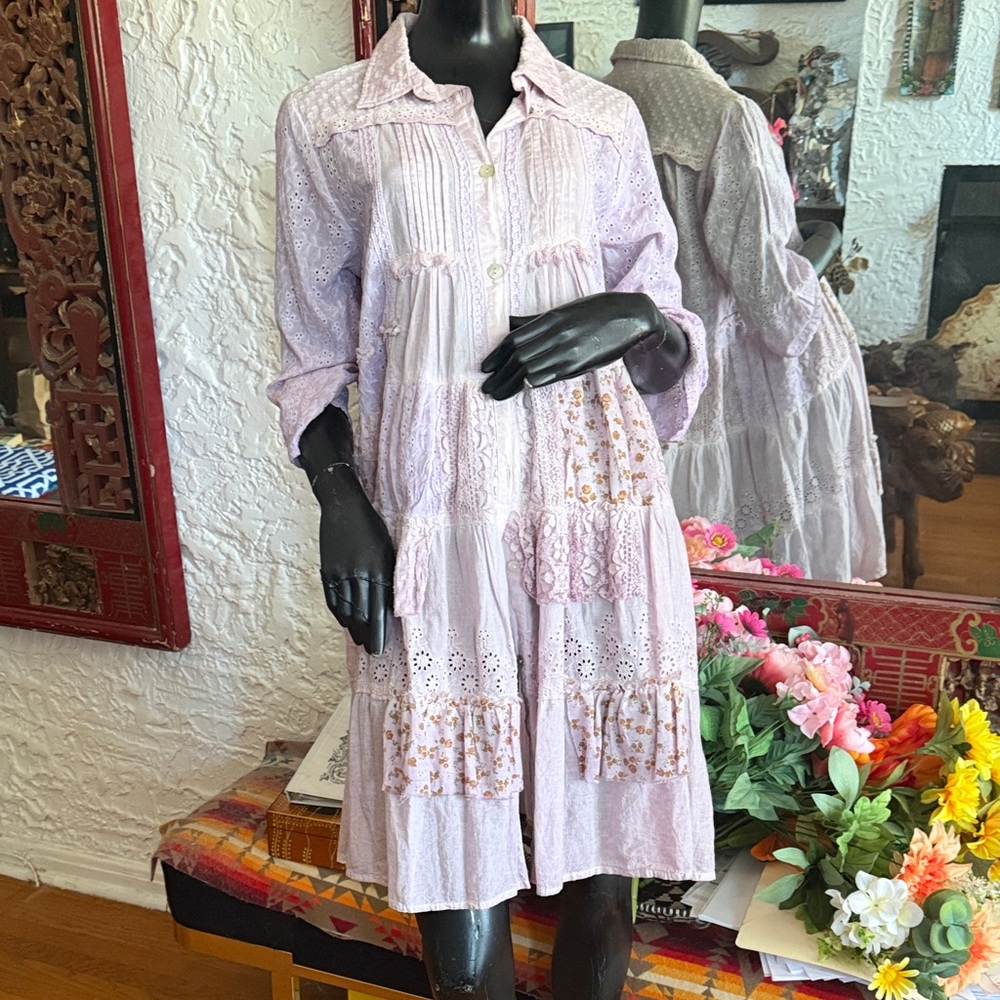 Lavender Eyelet Tiered Button-Front Midi Dress